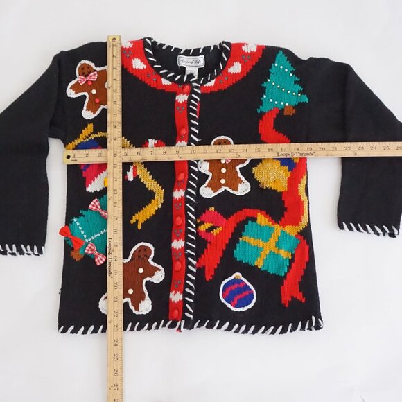 VTG Spice of Life Black Holiday Gingerbread Cardigan Cotton Festive Grandma S/P - Picture 3 of 11